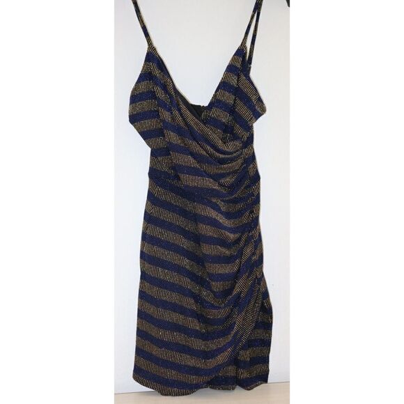 Cosmo Dress The Population Women's Sz XS Blue Gold XoXo Ruched Mini Dress - Picture 5 of 7